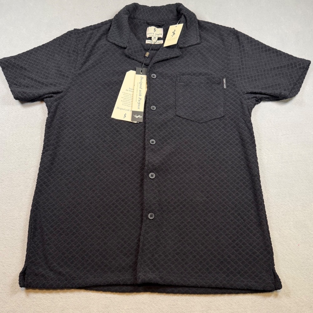 Scott James England Mens Black Diamond Quilted Knit Short Sleeve Camp Shirt M